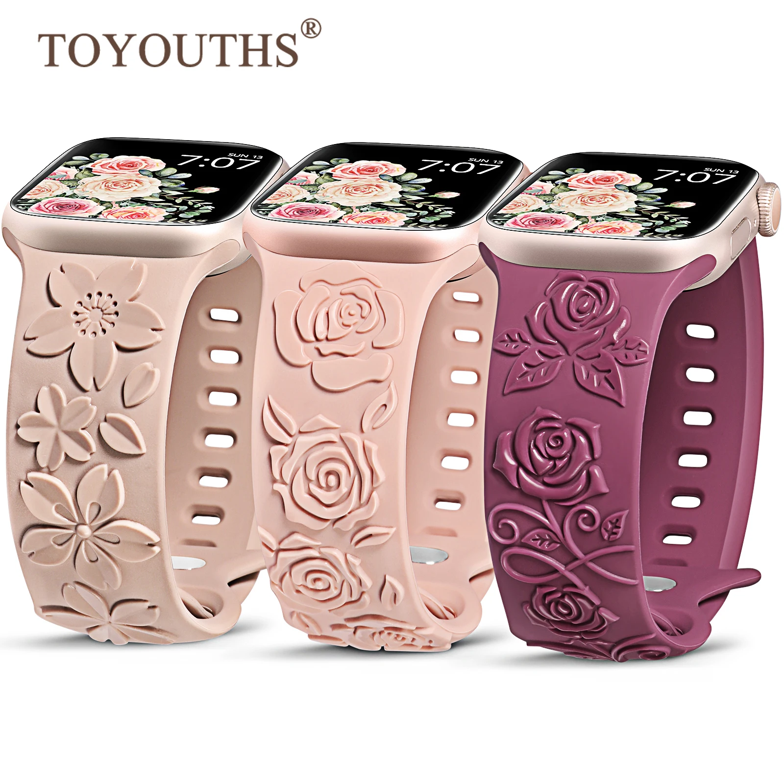 

3 Packs Glossy Rose Embossed Bands For Apple Watch Band 45mm 44mm 42mm 40mm Silicone Strap For Iwatch Series 10 Ultra 9 8 7 SE 6