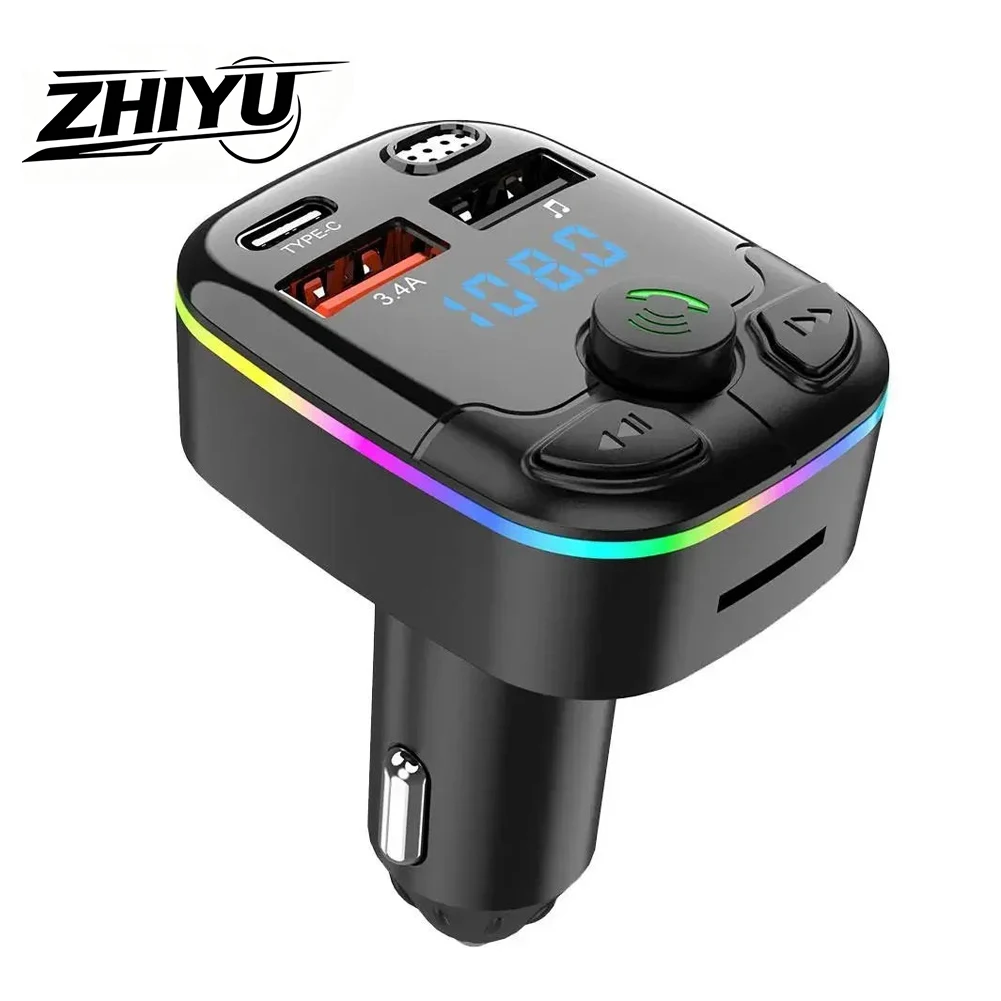 ZHIYU 5.0 Bluetooth Car FM Transmitter, Support TF Card/U Disk, Fast Charging, Hands-Free Call, Car MP3 Player