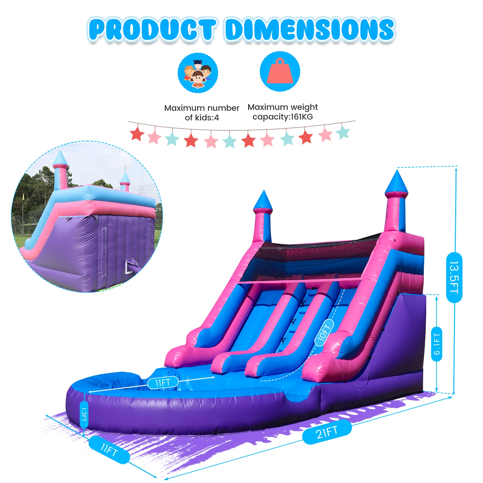 Piscina inflável comercial de corrediça de água dupla de PVC de 6,4 m com ventilador para crianças playground comercial infantil