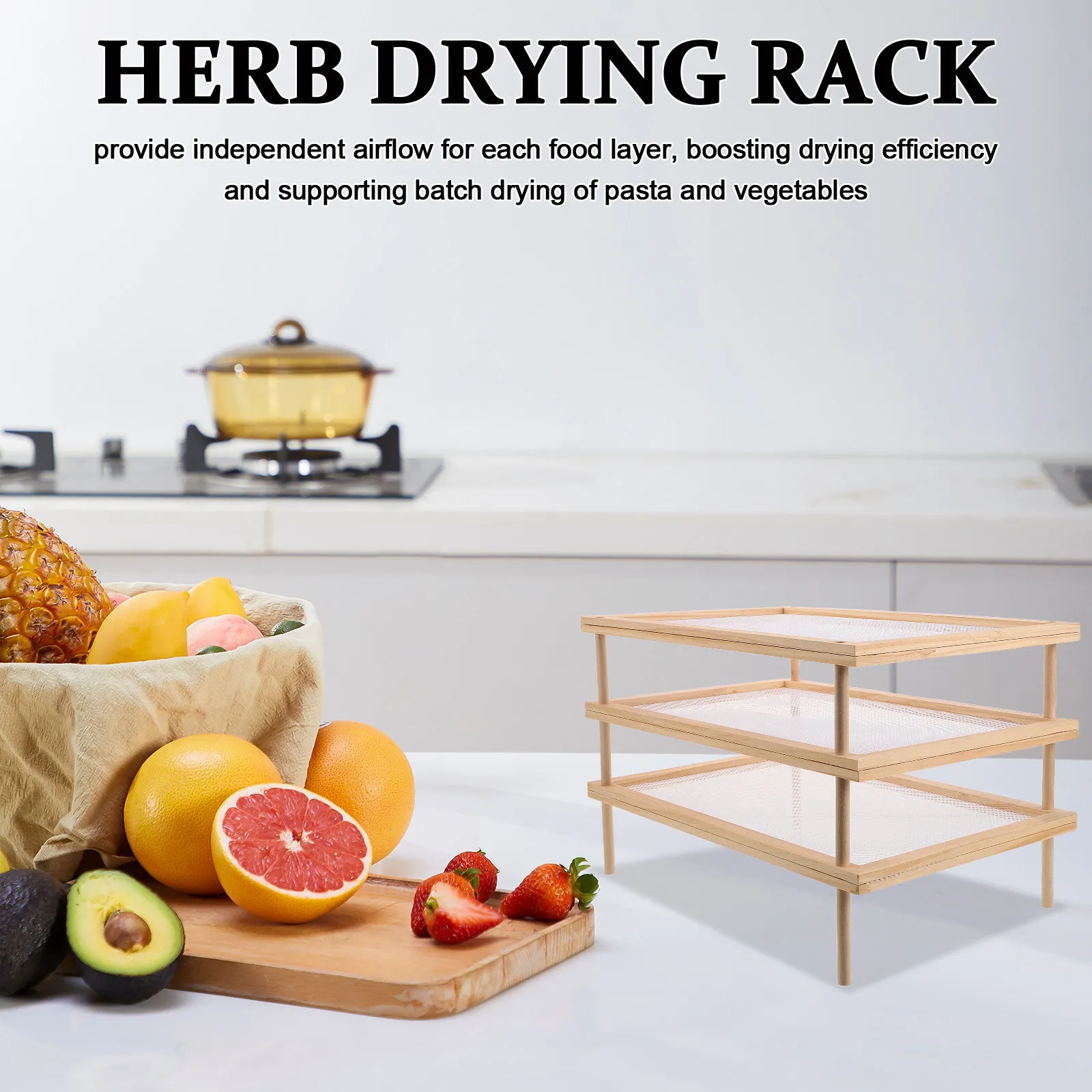 Stackable 3 Tier Wood Pasta Herb Drying Rack Mesh Food Dryer Stand for Seeds Flowers Bud Specimens Kitchen Garden Drying Storage