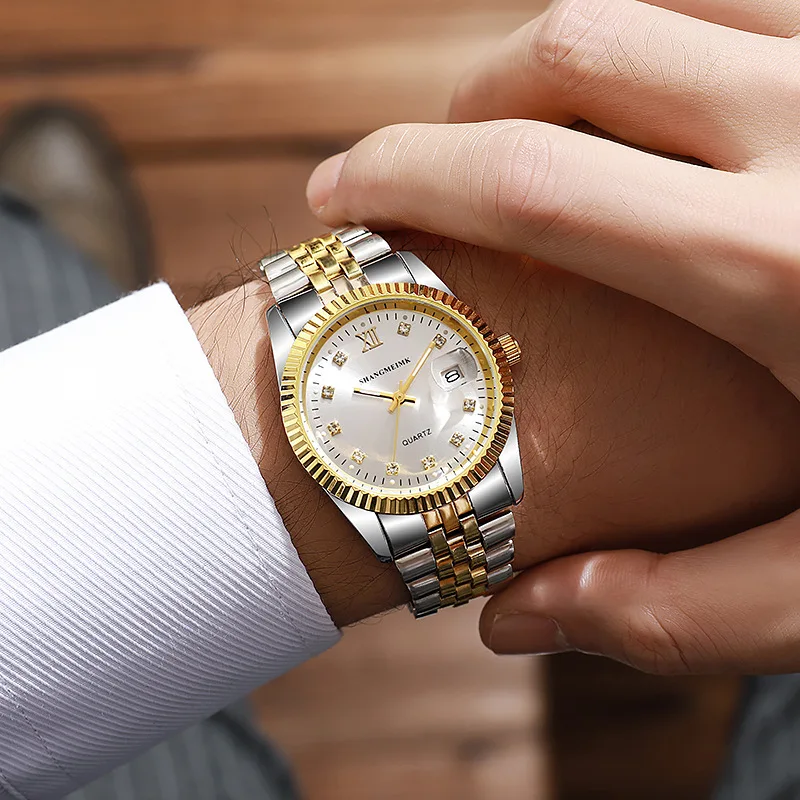 Orologio da uomo quadrante dorato movimento al quarzo multifunzionale orologio da uomo d'affari con cronometraggio impermeabile in acciaio inossidabile Reloj Hombre