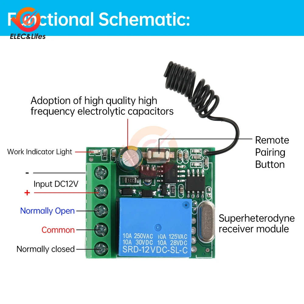 433Mhz Remote Control Wireless Switch DC 12V 1CH 10A Relay Module For Door Electromagnetic Lock