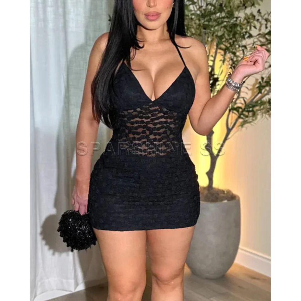 Y2K สีดํายุโรปและอเมริกาแฟชั่น V คอกระโปรงเซ็กซี่กระโปรง Elegant แขนกุดกระโปรงชุดมินิฤดูร้อน