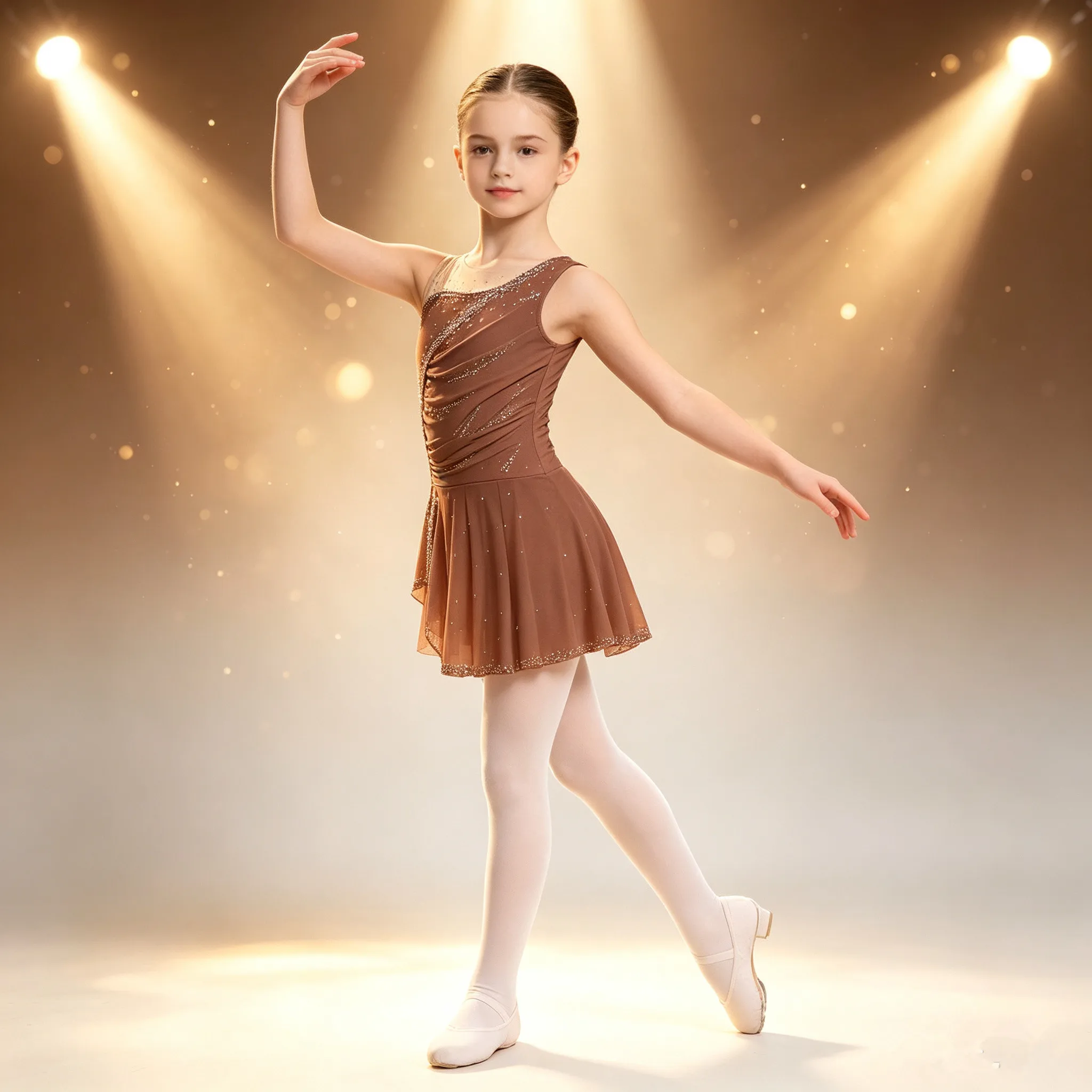Kids Girls Gymnastics Figure Skating Ballet Lyrical Dance Performance Costume Sparkling Rhinestones Ruched Mesh Side Slit Dress