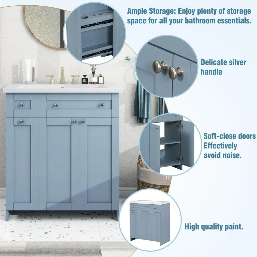 Blue 30" Bathroom Vanity with Single Sink, Solid Wood Frame Bathroom Storage Cabinet, Combo Cabinet Undermount Sink