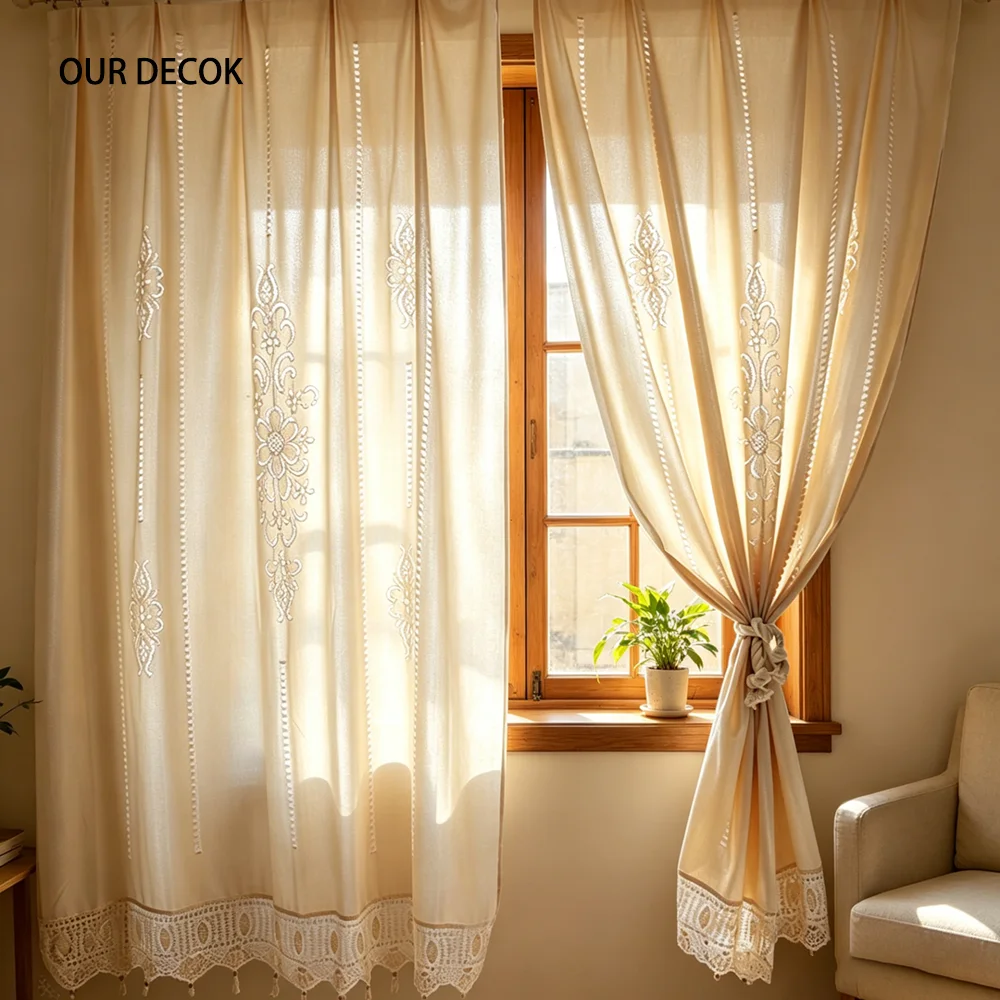 Handmade Cotton Cortina Crochet Lace Curtain Flower Curtain Solid Color Kitchen Curtain Blinds Shower Curtain for Decor
