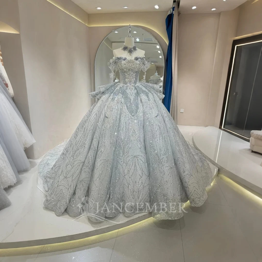 글리터 웨딩 드레스 스팽글 비딩 볼 가운 짧은 소매 스쿱 브라이드 레이스업 백 러플 맞춤형 웨딩 드레스