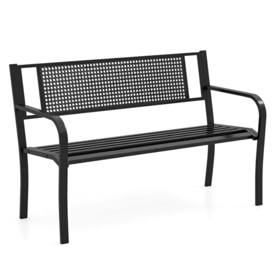 

Metal Patio Park Bench 50 Inches Outdoor Garden Bench with Patterned Backrest and Curved Armrests 2-3-Person Patio Bench Outdoo