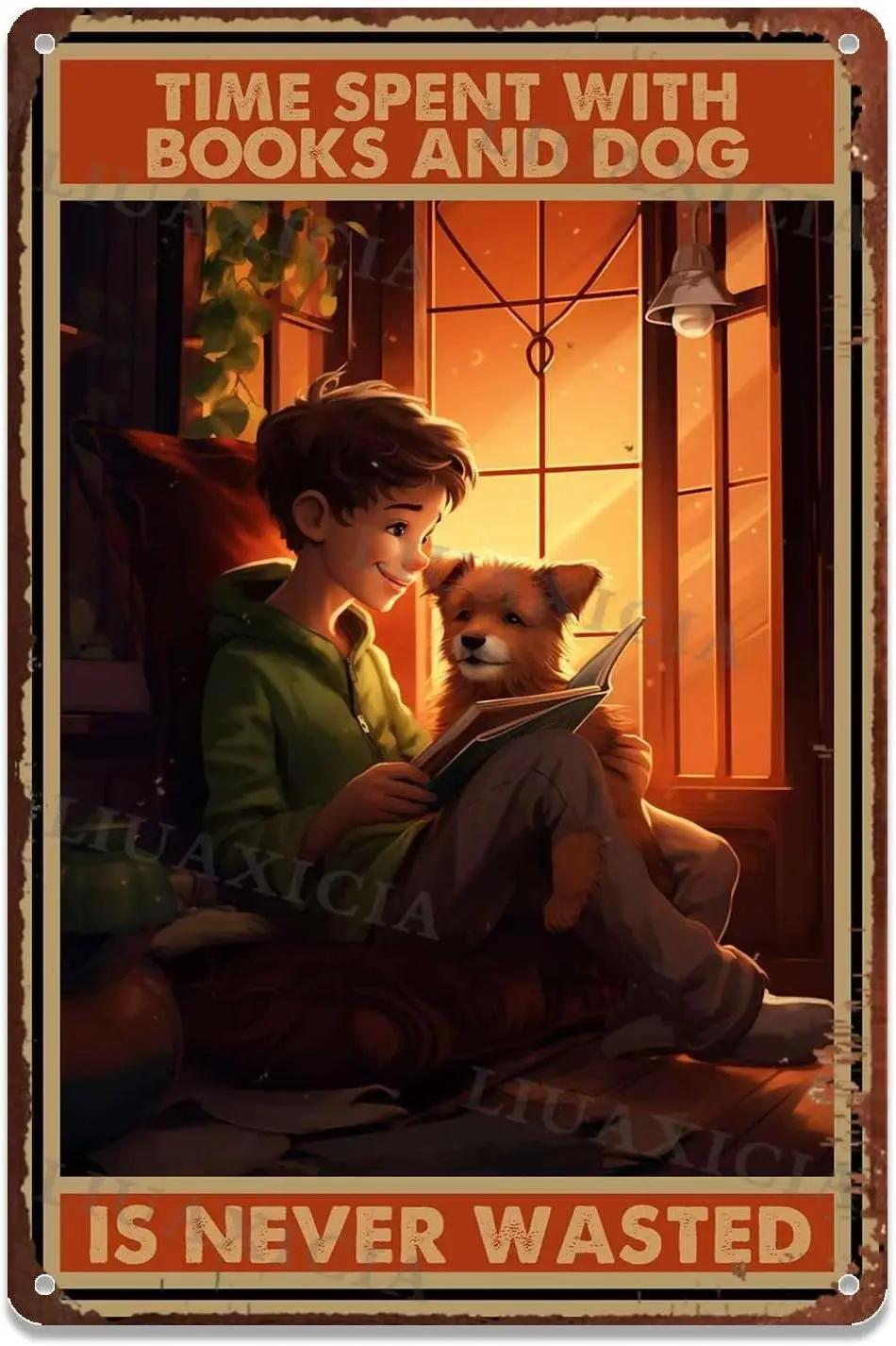 Vintage Metal Tin Signs Time Spent With Books And Dog Is Never Wasted For Living Kitchen Decoration 8.00