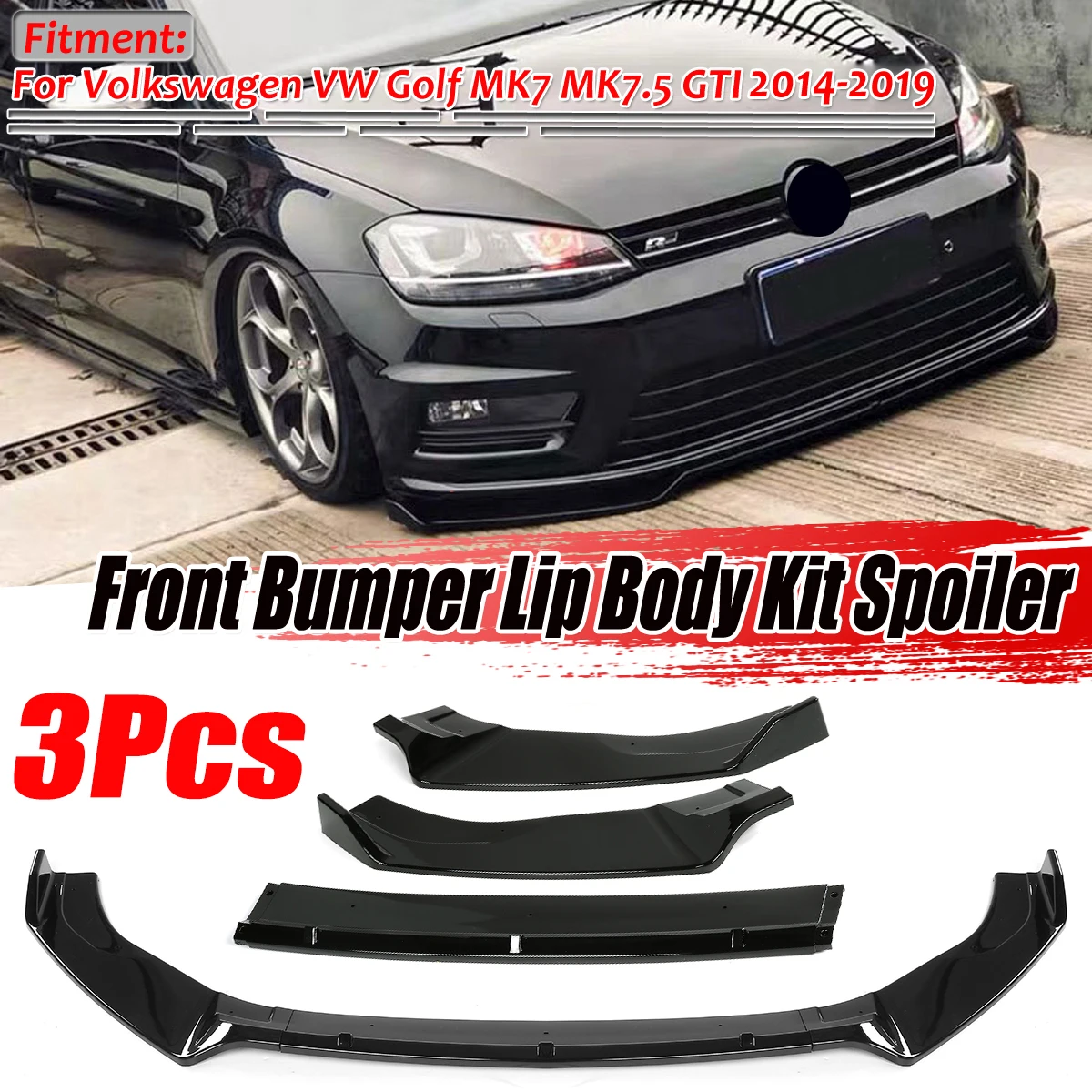 For Volkswagen For VW Golf MK7 MK7.5 GTI 2014-2019 Glossy Black Front Bumper Lip Spoiler Cover Trim 3PCS