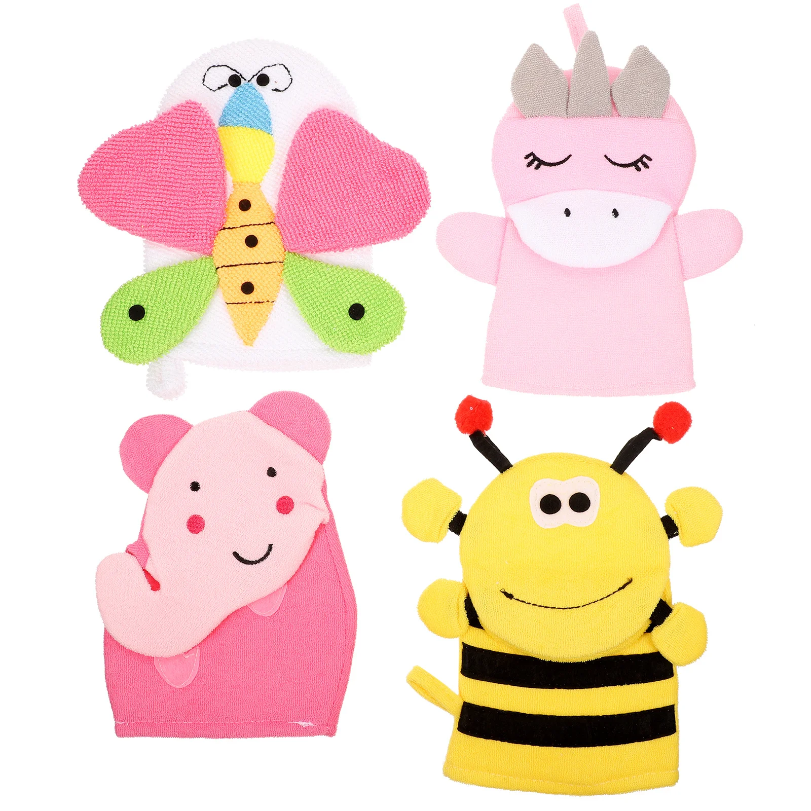 

4Pcs Cartoon Bath Gloves Kids Washcloth Baby Bath Mitts Exfoliating Shower Mitts Body Scrubbing Gloves Bathroom Supplies