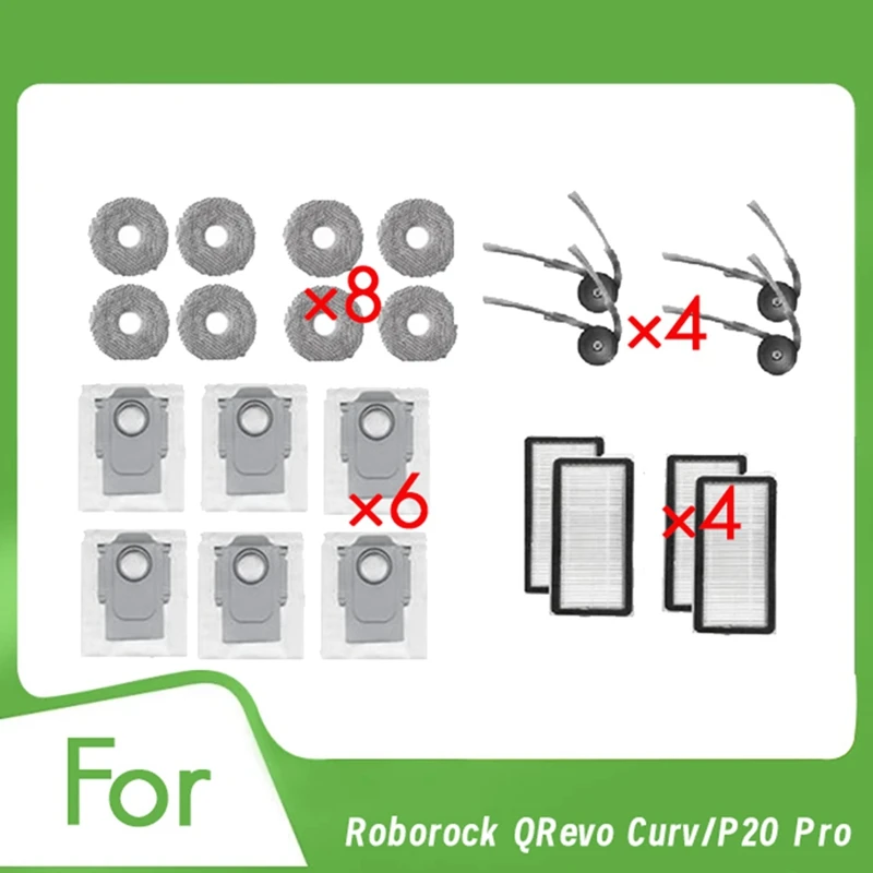 

22 Pcs For Roborock Qrevo Curv / P20 Pro Sweeping Robot Main Side Brush Mop Filter Set