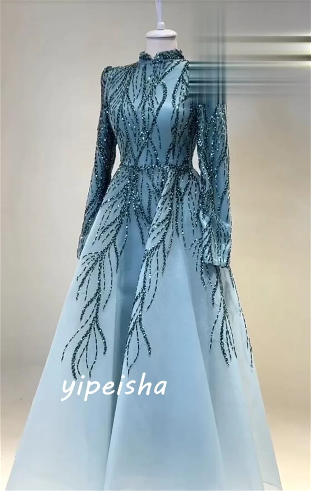 Customized Sparkle Intricate High Collar Ball Gown Celebrity Beading Paillette / Sequins Floor Length Organza Evening Exquisite