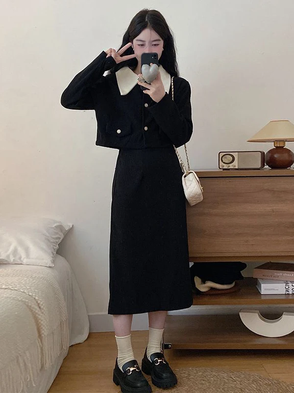 Conjunto retrô de veludo Faion outono cor Blo gola de boneca ort Jaet emagrecimento f saia terno de duas peças chinês Sle feminino...
