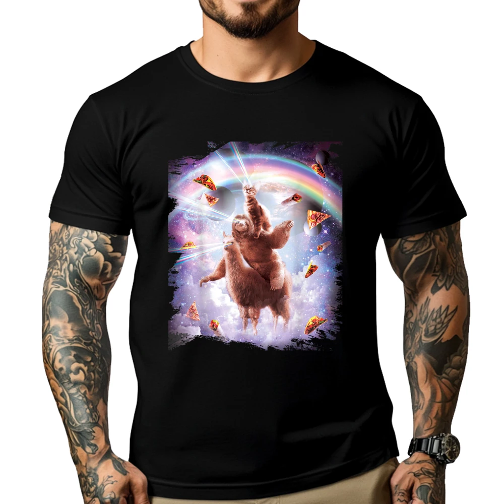 Laser Eyes Space Cat Riding Sloth Llama - Rainbow Shirts Graphic Tee White T Shirt Men