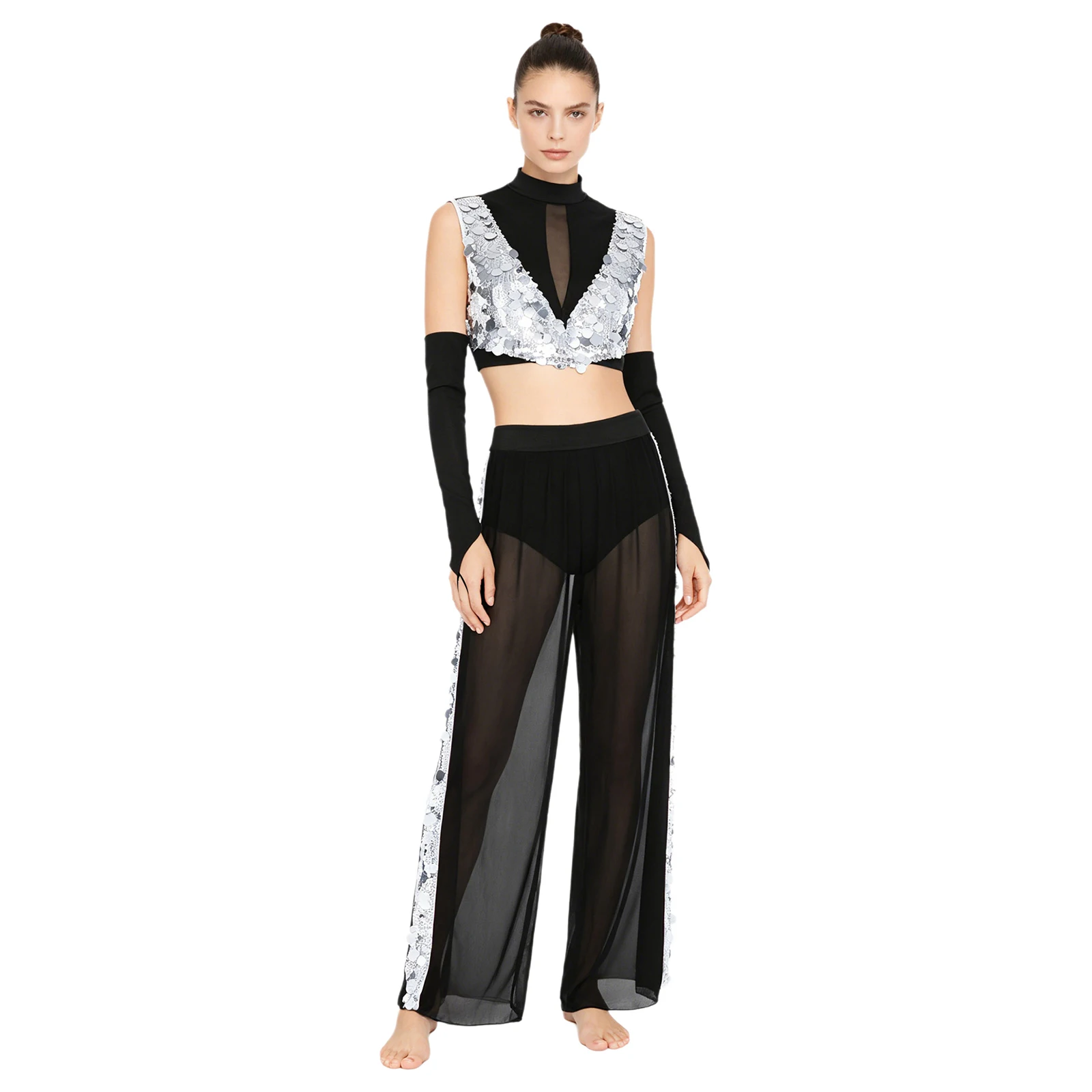

Women Modern Lyrical Dance Performance Outfit Shiny Sequin Skating Gymnastics Ballet Crop Top with Pants Built-in Briefs Gloves