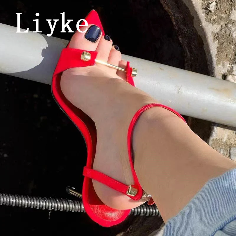 Liyke nuovo Design decorazione in metallo sandali Sexy da donna gladiatore tacchi alti abito da festa estivo cinturino con fibbia per scarpe