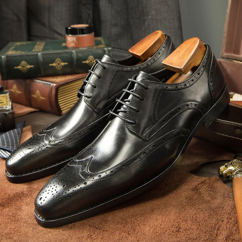 Business Formal Men's Brogue Derby Shoes, Cowhide with Burnished Finish, Small Square Toe Men's Shoes