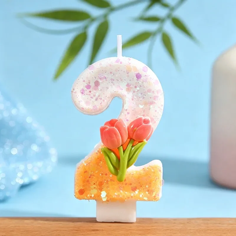 Tulip Sparkling Birthday Candles, Orange White Gradient Digital Cake Top, Cute Flower Digital Candles