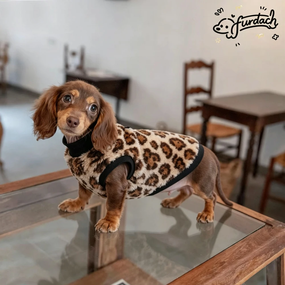Brauner Leoparden-Fleece-Mantel für Dackel Winter Weiche Warme Kurzarm-Weste für Dackel Hunde Brauner Pullover für Wiener Hunde