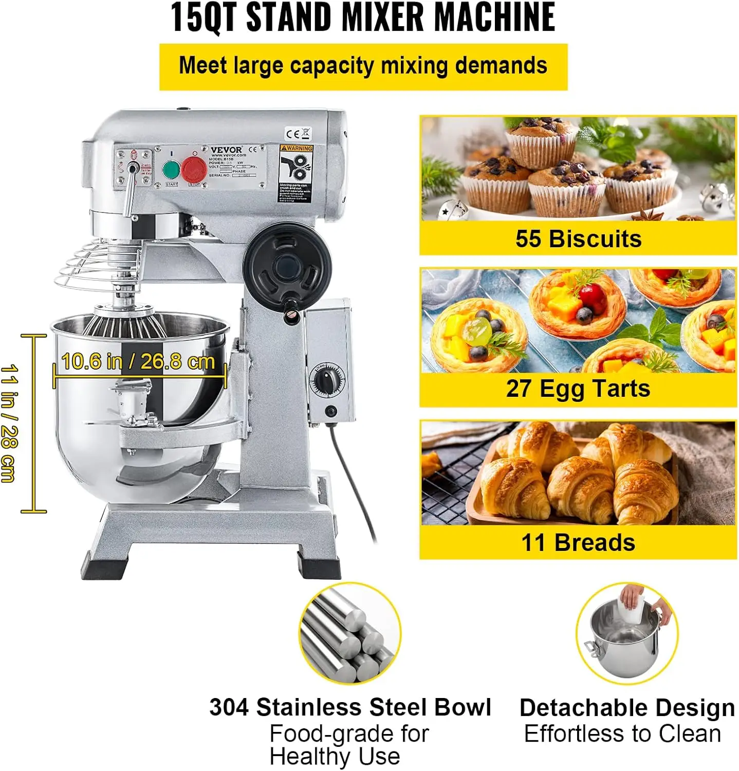 Commercial Stand Mixer, 15Qt Stainless Steel Bowl, 500W Heavy Duty Electric Food Mixer with 3 Speeds Adjustable 113/184/341 RPM,