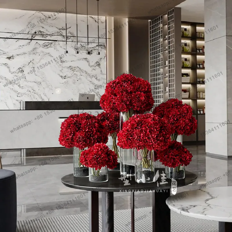 High-end hotel lobby simulation red hydrangea flower ornament hall atrium