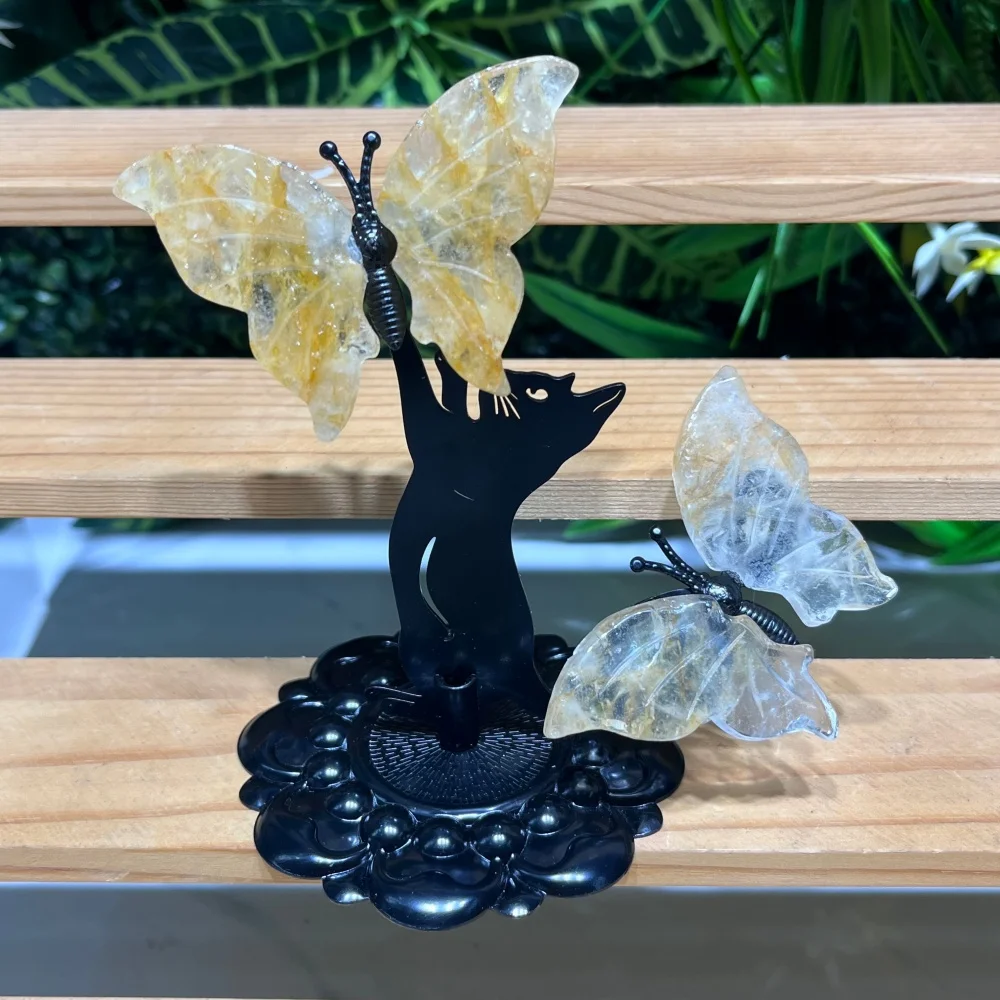Natural Quartz Butterfly Wings Cat Silhouette Metal Stand Hand Carved Gemstone Figurine Home Desktop Decor Gift