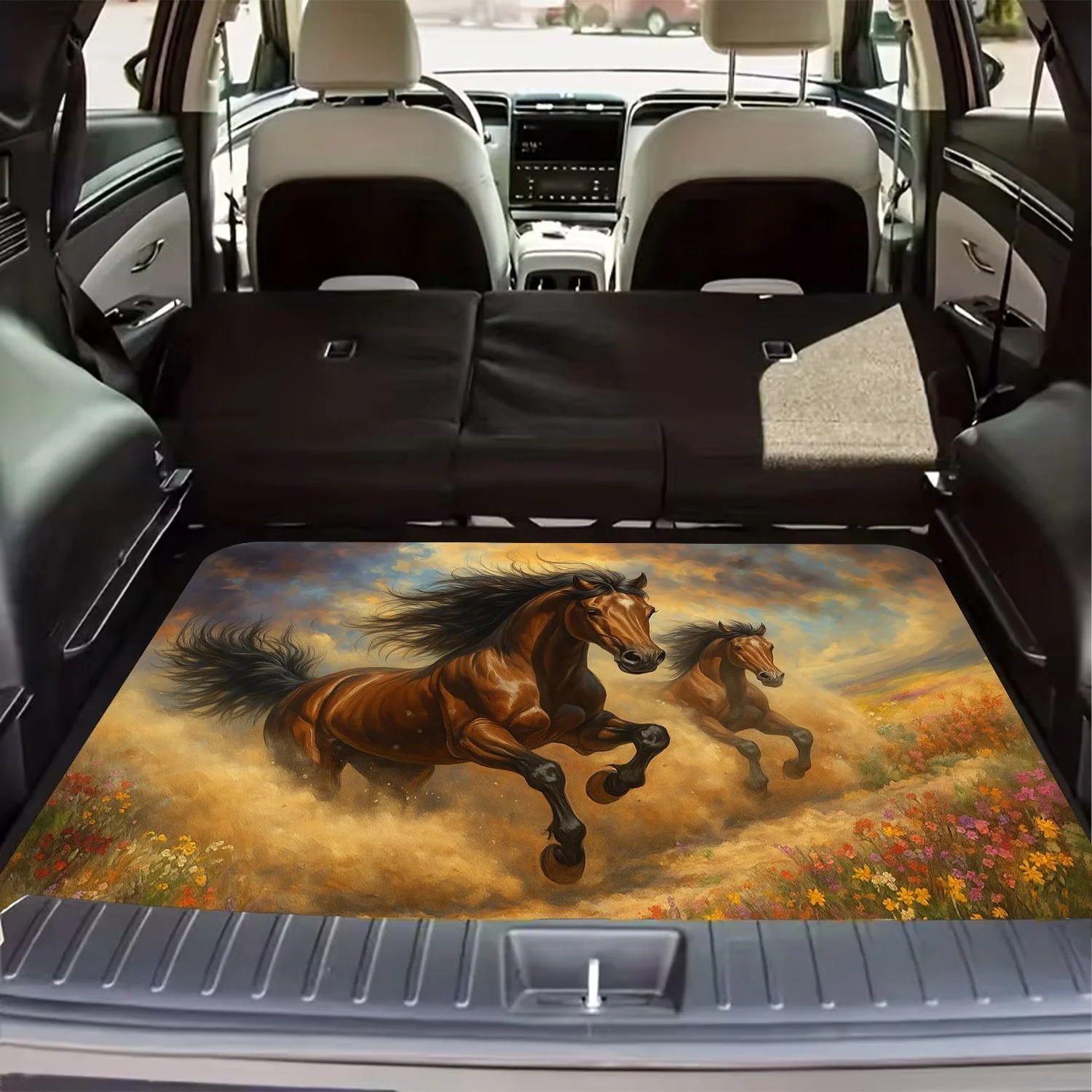 1pc Galloping Horse Grassland Car Trunk Decor, Aesthetic Mat For SUV Sedan, Anti-Slip Travel Protection Interior Accessories, Ke