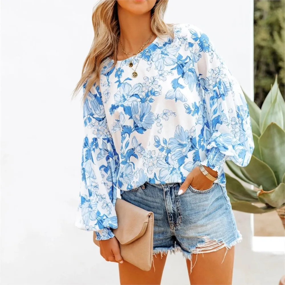 Women Autumn New Printed Pleated Bubble Sleeve Round Neck Pullover Shirt Office Lady Flower Print Long-Sleeved Pullover Blouses