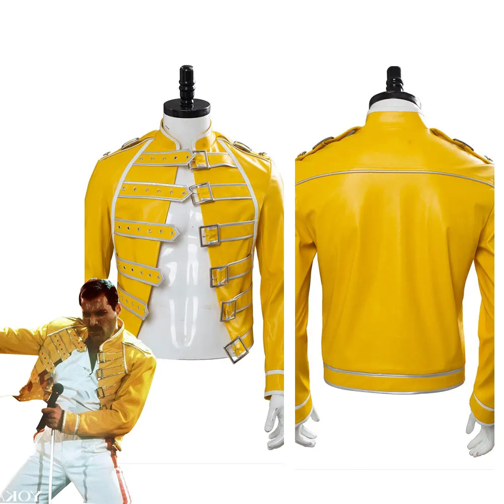 Freddie Mercury Fantasia de Cosplay para Homens Adultos, Vocais Queen, Jaqueta Amarela, Casaco Halloween, Roupas de Festa de Carnaval, Anime