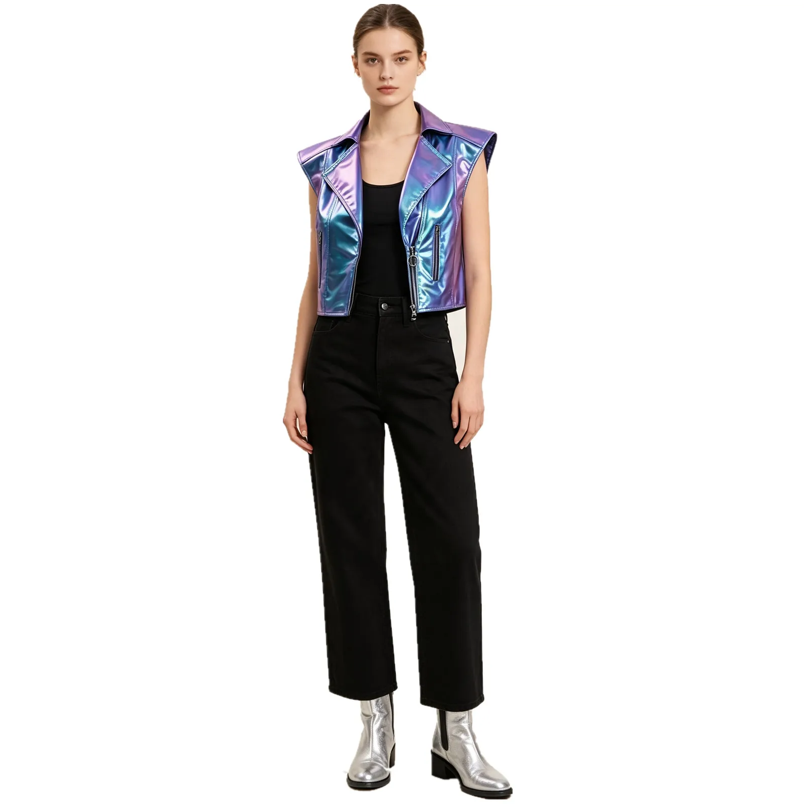 Women Metallic Shiny Punk Jazz Dance Vest Notched Lapel V Neck Front Zipper Crop Tank Top for Motorcycle Biker Club Rave Party