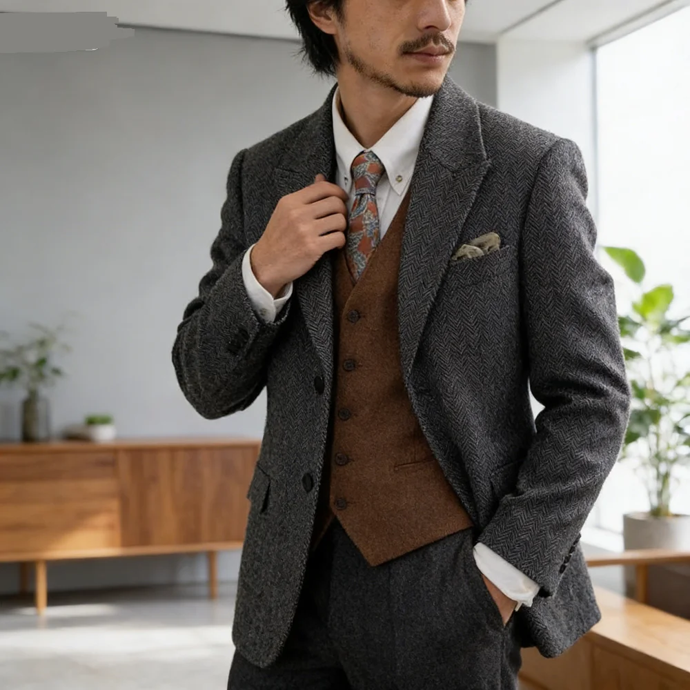 ชุดสูททวีดสีเทาเข้มสำหรับผู้ชาย แบบกระดุมแถวเดียวสองเม็ด ดีไซน์ลายก้างปลา เหมาะสำหรับงานแต่งงานและธุรกิจ