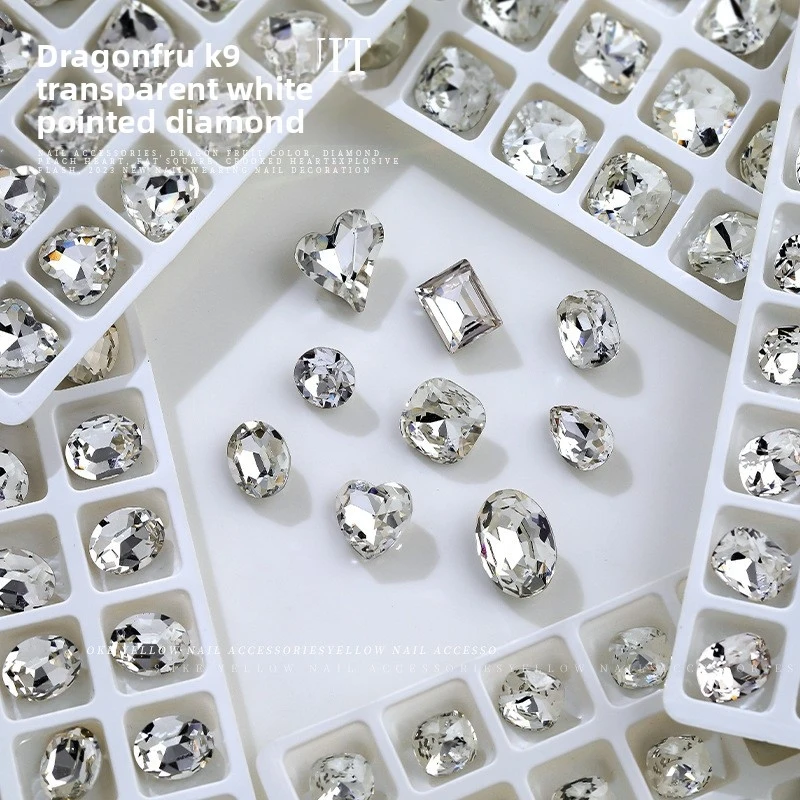 5pcs K9 Clear White Nail Rhinestones Super Shiny Pointed Back Premium Heart Oval Stackable Wholesale Ins Style Nail Decors