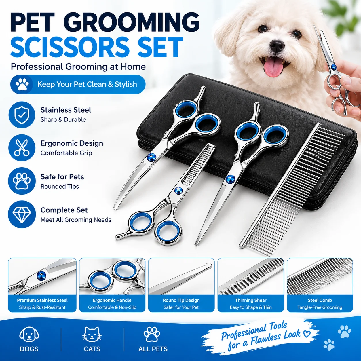 Ambidextrous Pet Safe Scissors Stainless Steel Dog Grooming Shears with Round Head for Precision Trimming Safety Tip