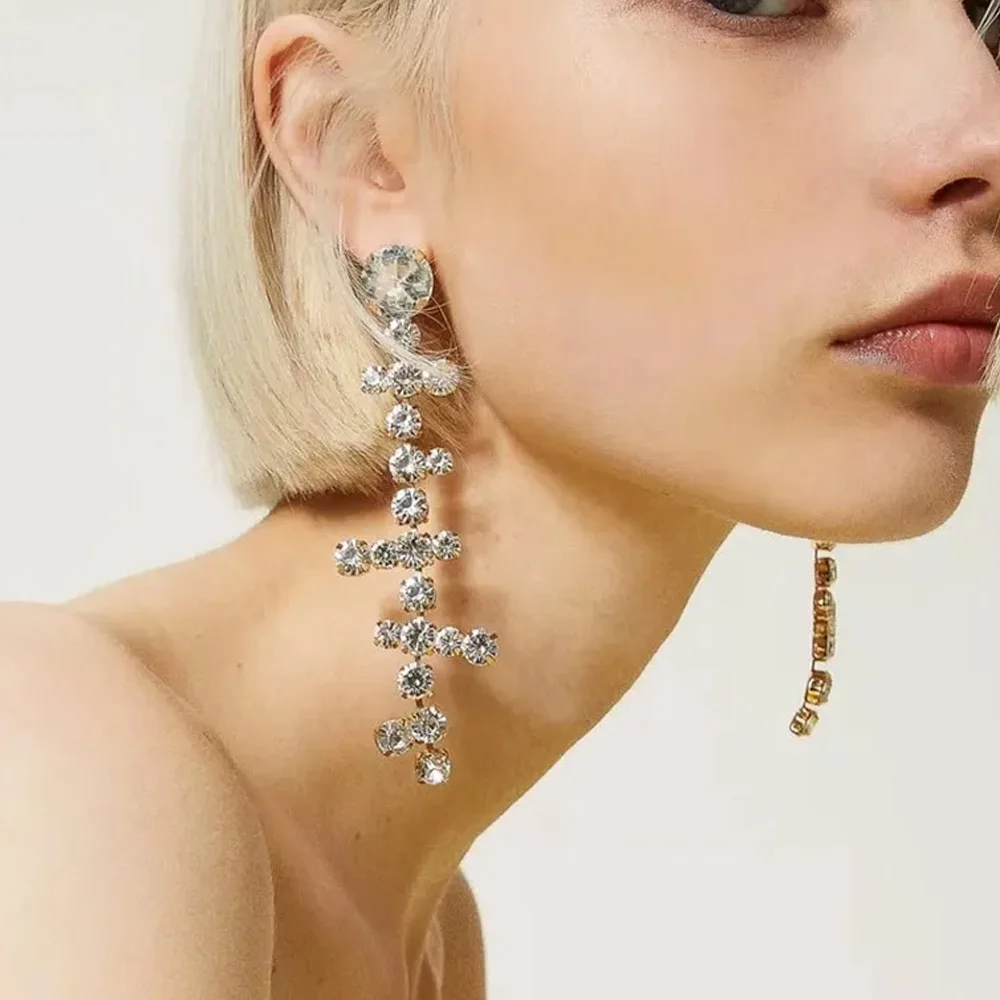 

Stonefans Fashion Round Shape Big Rhinestone Earrings for Women Simple Long Tassel Earrings Crystal Dangle Ear Jewelry Gift