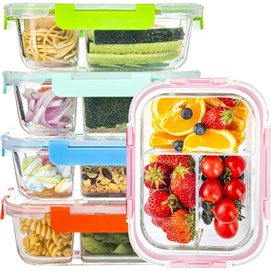 

Стеклянные контейнеры для хранения пищевых продуктов, 3 отделения с крышками, 5 упаковок, разделенные стеклянные контейнеры для приготовления еды на 34 унции для обеда на работе LeakProo