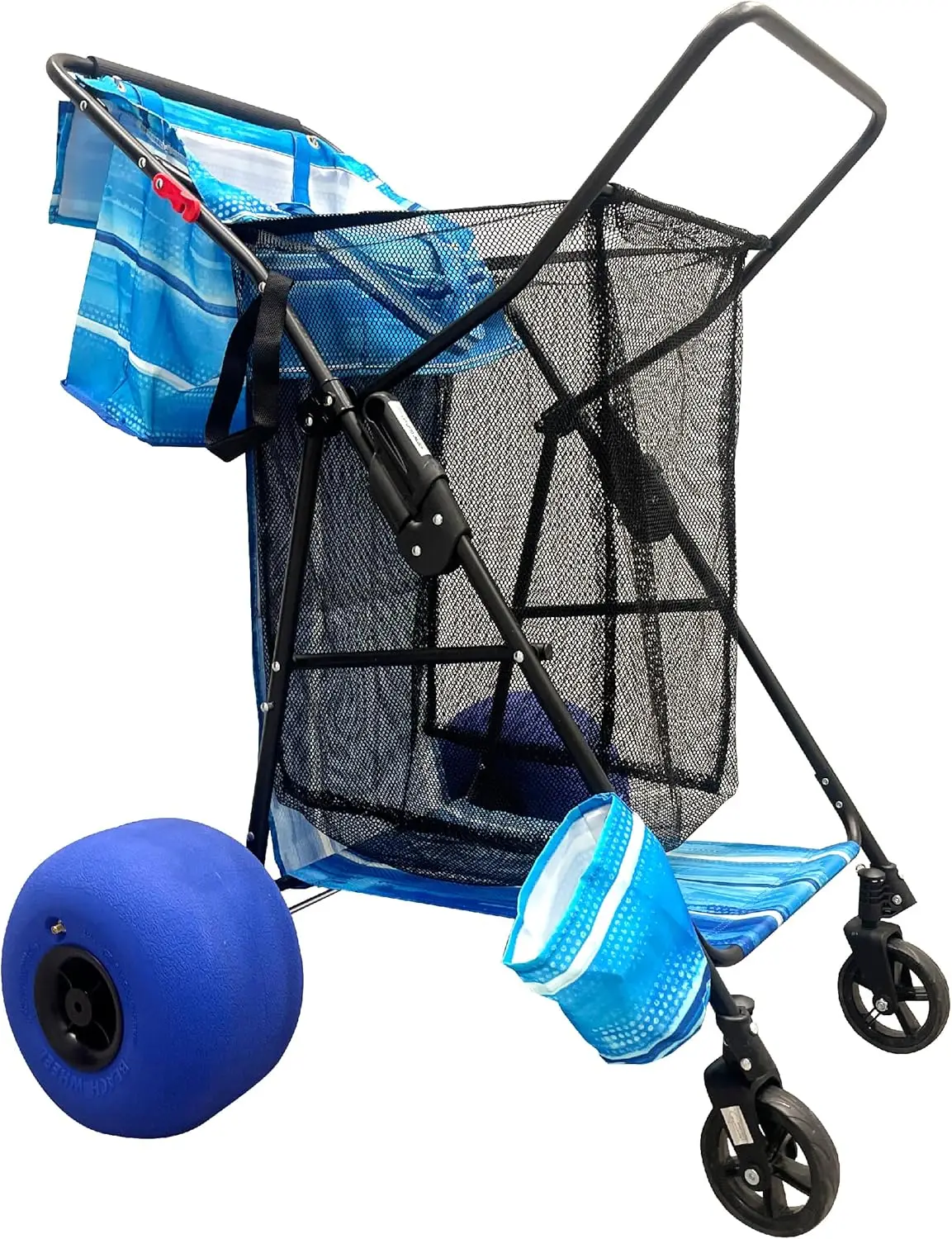 

Beach Cart Balloon Wheel Deluxe Heavy Duty Folding Ocean Utility 13” x 7” Sand Wheels Holds 4 Folding Chairs Umbrella Holder Rem