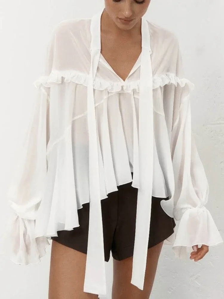 

White Flounce Blouse Top For Women Flare Sleeve V-Neck Loose Lacing Casual Ruffled Autumn 2025 Outwear Women's Shirts Tee