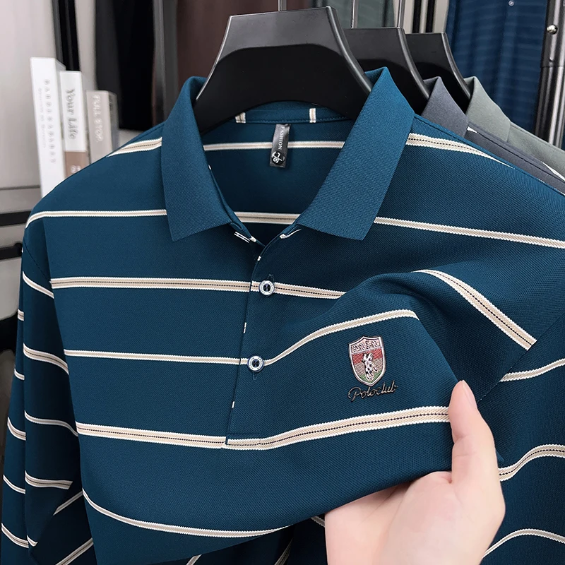 

Designer fashion brand long sleeve polo shirt luxury pony badge embossed men's Paul lapel T-shirt high-quality new striped top