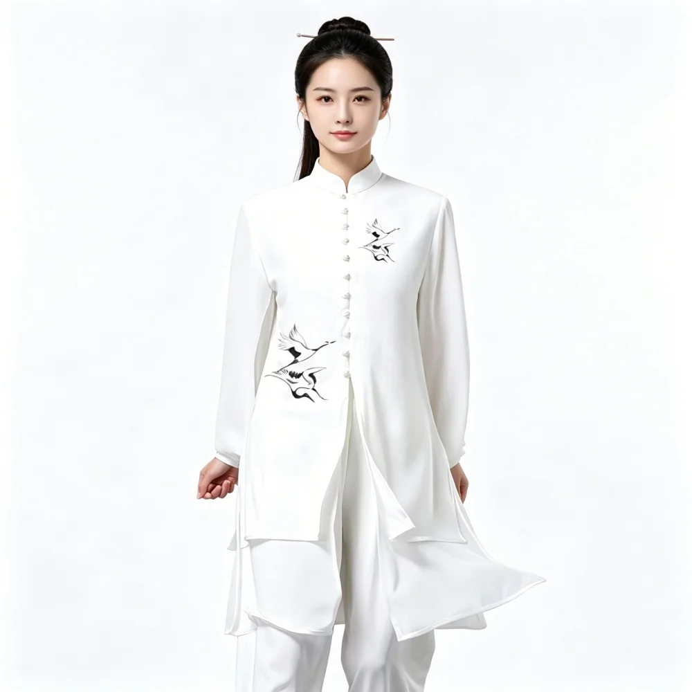 Handcrafted Crane Bamboo Print Tai Chi Suit Set Men Women Traditional Chinese Martial Arts Uniform Training Performance Clothing