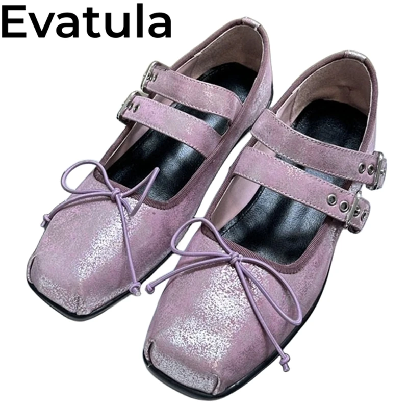 

2024 Summer Square Toe Bowknot Ballet Flat Shoes For Women Leather Two Belt Buckle Mary Janes Fashion Casual Walking Shoes Femme