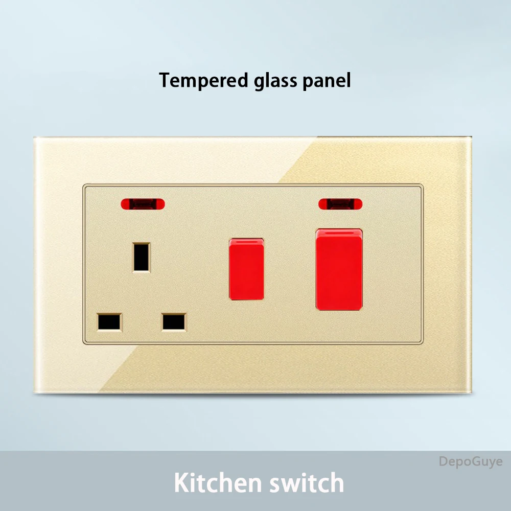 Gold Universal Tempered Glass Wall Socket,UK 13A power outlet with USB Type C 18W Quick Charge,Home Light Electric Switch Panel image 3