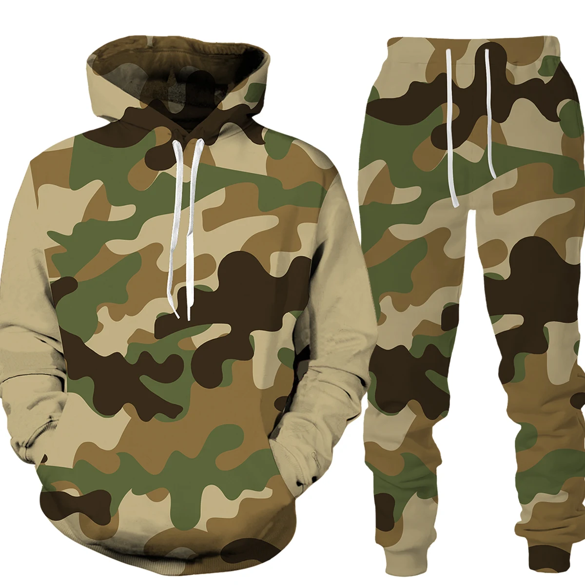 Outono treino conjunto de duas peças dos homens caça pesca com capuz retro jogging terno grande porte streetwear camuflagem 3d cor roupas