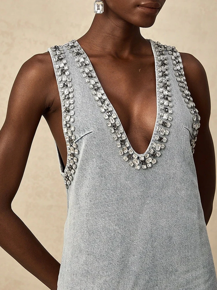 섹시한 V넥 반짝이는 다이아몬드 데님 미니 드레스 여성 민소매 크리스탈 루즈핏 드레스 이브닝 파티 칵테일 가운