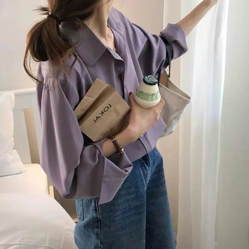 

Retro Hong Kong Sle Loose Long Sve Purple Chiffon irt Women's Spring Autumn Versatile Brand Button Stand Collar Top
