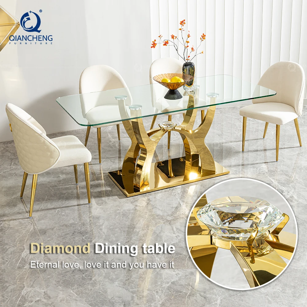 

Living Room Furniture Tempered Glass Top Stainless Steel Glass Dining Table Set Modern Dining Table