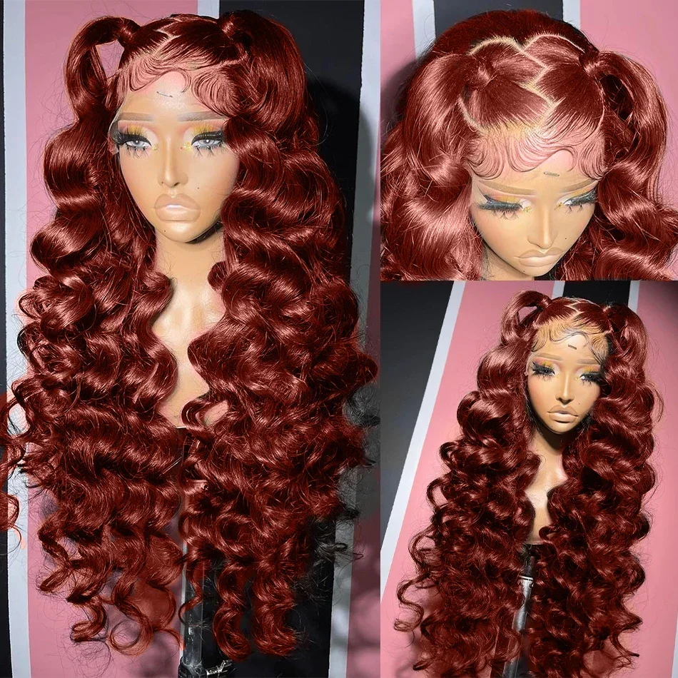 

Deep Wave Lace Frontal Wig Reddish Brown Curly Wigs 13x4 HD High Density Glueless Synthetic Pre Plucked Daily Cosplay On Sale