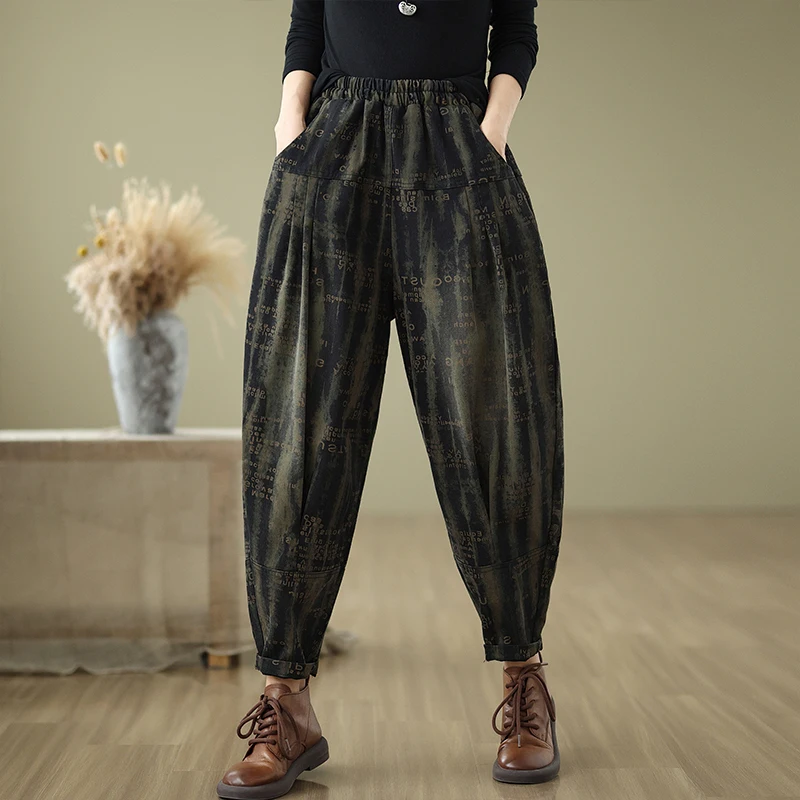 Retro Taille Denim Jeans Herbst Winter Große Größe frauen Elastische Taille Casual Harlan Hosen Karotte Hosen Brief Drucken