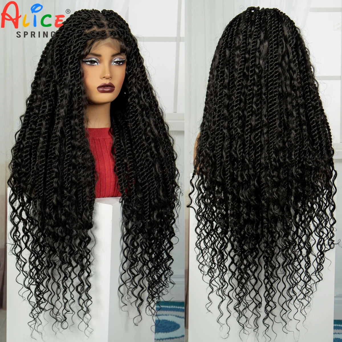 32Inch Natural Full Lace Twisted Braided Wigs with Baby Hair Synthetic Lace Frontal Braids Wig with Curly Hair for Black Women