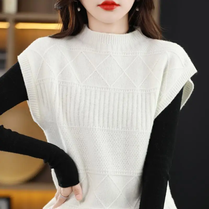 Fashion Stand Collar Knitted Casual Vest Sweaters Women Clothing 2023 Autumn Winter Oversized Commuter Pullovers Korean Tops